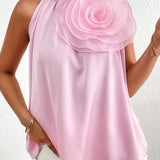 NEW  Prive Camisa de verano elegante para mujer de unicolor con cuello de pie y decoracion de flores 3D en el cuello