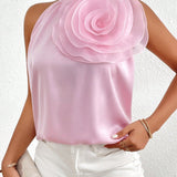 NEW  Prive Camisa de verano elegante para mujer de unicolor con cuello de pie y decoracion de flores 3D en el cuello