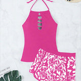 Swim Lushore Conjunto de top halter de color solido para playa de verano con fondos de tankini de estampado de flores