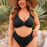 Swim Curve Conjunto de bikini casual para playa de verano de talla grande, con top unicolor acanalado sin respaldo y fondo de triangulo