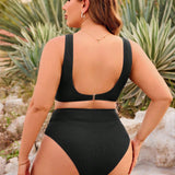 Swim Curve Conjunto de bikini casual para playa de verano de talla grande, con top unicolor acanalado sin respaldo y fondo de triangulo