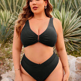 Swim Curve Conjunto de bikini casual para playa de verano de talla grande, con top unicolor acanalado sin respaldo y fondo de triangulo