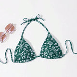 Swim Top de bikini de triangulo de cuello halter y estampado floral menudo para mujer con tirantes finos, verano