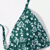 Swim Top de bikini de triangulo de cuello halter y estampado floral menudo para mujer con tirantes finos, verano