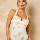 BAE Body de mujer con tirantes de bustier con diseno floral desordenado, dobladillo con ribete de volantes y espalda descubierta