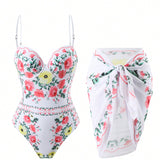 Swim Oasis Conjunto de traje de bano de una pieza estampado floral para mujer, de verano para playa, con falda cubierta, 2 piezas