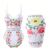 Swim Oasis Conjunto de traje de bano de una pieza estampado floral para mujer, de verano para playa, con falda cubierta, 2 piezas