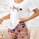 Conjunto de pijama de verano para mujeres con estampado de corazon de perro manchado lindo