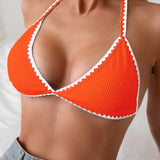 Bikini sexy de verano con bloqueo de color, cuello halter y espalda ajustable con ribete para playa