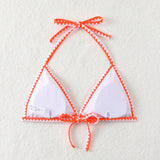 Bikini sexy de verano con bloqueo de color, cuello halter y espalda ajustable con ribete para playa