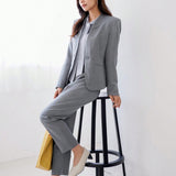 FRIFUL Conjunto de traje profesional para mujer de negocios para conmutar con boton unico y sin cuello, pantalon de pierna recta