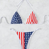 VCAY Conjunto de sujetador halter sexy y bikini con impresion de bandera americana para mujer, conjunto de bikini para la playa del verano y el 4 de julio