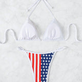 VCAY Conjunto de sujetador halter sexy y bikini con impresion de bandera americana para mujer, conjunto de bikini para la playa del verano y el 4 de julio