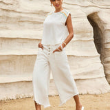 Forever 21 Jeans blancos de pierna ancha con flecos estilo vacaciones del oeste para mujeres, verano