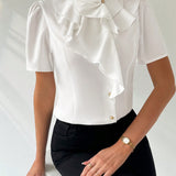 Camisa blanca elegante y delicada para mujer con mangas cortas de volantes, estilo diario/citas/trabajo/para el dia a dia del trabajo