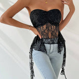 Prive Top de tubo de encaje elegante de verano para mujer con dobladillo de volantes irregular y transparente, ideal para uso diario, citas romanticas, festivales de musica y fiestas