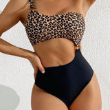 Swim Traje de bano de una pieza para mujer con estampado de leopardo y flores para playa, con recorte en la cintura y un hombro descubierto, sexy