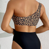 Swim Traje de bano de una pieza para mujer con estampado de leopardo y flores para playa, con recorte en la cintura y un hombro descubierto, sexy