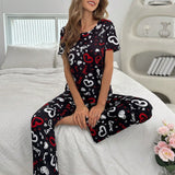 Conjunto de pijama de mujer de manga corta y pantalones largos con estampado de corazones y letras