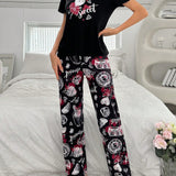 Conjunto de pijama casual para mujer, estampado sencillo para uso diario