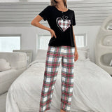 Conjunto de pijama de mujer de manga corta y largo estampado con corazones a cuadros