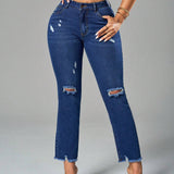 SXY Jeans casuales de ajuste slim-fit con bordes sin procesar y desgastados, lavados