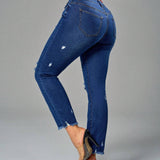 SXY Jeans casuales de ajuste slim-fit con bordes sin procesar y desgastados, lavados