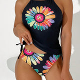 Swim Lushore Conjunto casual tankini para mujeres con parte superior de cuello halter y diseno floral en los laterales con tiras ajustables y triangulo en la Bottom