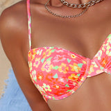Swim Vcay Conjunto de bikini de vacaciones sexy para mujer con estampado floral, estampado aleatorio