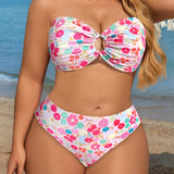 Swim Vcay Traje de bano diario sencillo y colorido para mujeres de talla grande con estampado aleatorio (2 piezas)