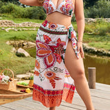 VCAY Conjunto de traje de bano de bikini estampado de estilo resort para mujeres de talla grande