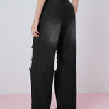 Neu Jeans de pierna recta informales Y2k de ajuste para mujer de Neu con agujeros rasgados y bolsillos laterales
