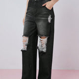 Neu Jeans de pierna recta informales Y2k de ajuste para mujer de Neu con agujeros rasgados y bolsillos laterales