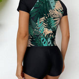 NEW  Swim SPRTY Conjunto de traje de bano deportivo casual para mujeres con estampado tropical de plantas, con mangas cortas de hombro caido y shorts tipo boxeador, ideal para vacaciones