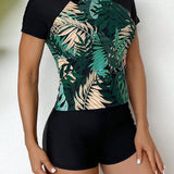 NEW  Swim SPRTY Conjunto de traje de bano deportivo casual para mujeres con estampado tropical de plantas, con mangas cortas de hombro caido y shorts tipo boxeador, ideal para vacaciones