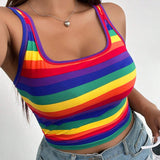 Camiseta sin mangas de a grande para mujeres con ajuste delgado, rayas multicolores para el mes del orgullo, casual y versatil para uso diario, cuello cuadrado, para el verano