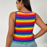 Camiseta sin mangas de a grande para mujeres con ajuste delgado, rayas multicolores para el mes del orgullo, casual y versatil para uso diario, cuello cuadrado, para el verano