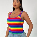 Camiseta sin mangas de a grande para mujeres con ajuste delgado, rayas multicolores para el mes del orgullo, casual y versatil para uso diario, cuello cuadrado, para el verano