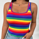 Camiseta sin mangas de a grande para mujeres con ajuste delgado, rayas multicolores para el mes del orgullo, casual y versatil para uso diario, cuello cuadrado, para el verano