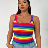 Camiseta sin mangas de a grande para mujeres con ajuste delgado, rayas multicolores para el mes del orgullo, casual y versatil para uso diario, cuello cuadrado, para el verano