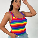 Camiseta sin mangas de a grande para mujeres con ajuste delgado, rayas multicolores para el mes del orgullo, casual y versatil para uso diario, cuello cuadrado, para el verano