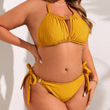 VCAY Conjunto de bikini sexy de talla grande para mujer de unicolor con tirantes al cuello para verano en la playa