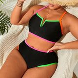 Swim Vcay Traje de bano de dos piezas para mujeres de talla grande con borde de neon contrastante de moda, para playa de verano