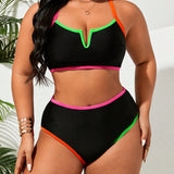 Swim Vcay Traje de bano de dos piezas para mujeres de talla grande con borde de neon contrastante de moda, para playa de verano