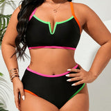 Swim Vcay Traje de bano de dos piezas para mujeres de talla grande con borde de neon contrastante de moda, para playa de verano