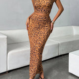 Essnce Conjunto de top de impresion de leopardo con cuello asimetrico y falda ajustada de moda para mujer en verano