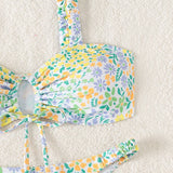 Swim Vcay Conjunto de bikini sexy de encaje hueco con cordones para mujeres en verano, patron de impresion aleatorio