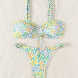 Swim Vcay Conjunto de bikini sexy de encaje hueco con cordones para mujeres en verano, patron de impresion aleatorio