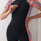 Traje de bano de una pieza para mujer para natacion / deportes / uso casual, diseno de parches con estilo