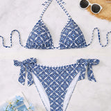 VCAY Conjunto de traje de bano de talla grande con bikini halter impreso con tiras y top triangulo, Verano